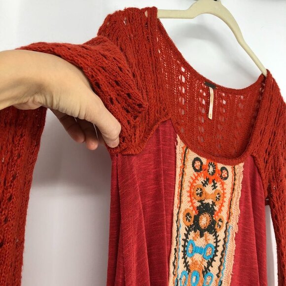 Free  People Rust Orange Embroidered Longsleeve Scoop neck Knit top size XS - Picture 8 of 16
